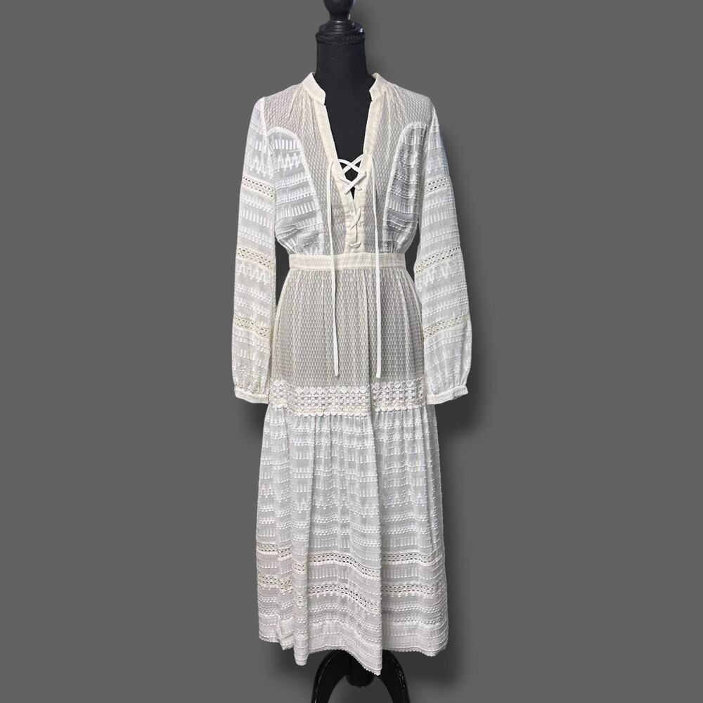 Karen Millen The Atelier Silk Lace Up Prairie Boho Cream Sheer Dress Sz 6